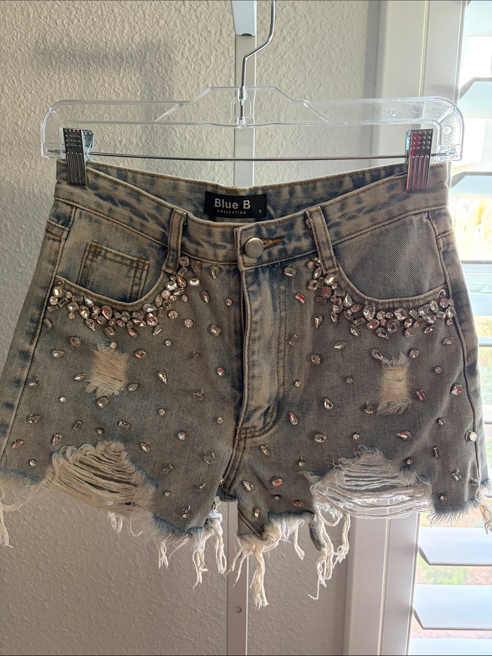 Crystal-Embellished Distressed Denim Shorts - Gray Wash Blue B.  Never worn.